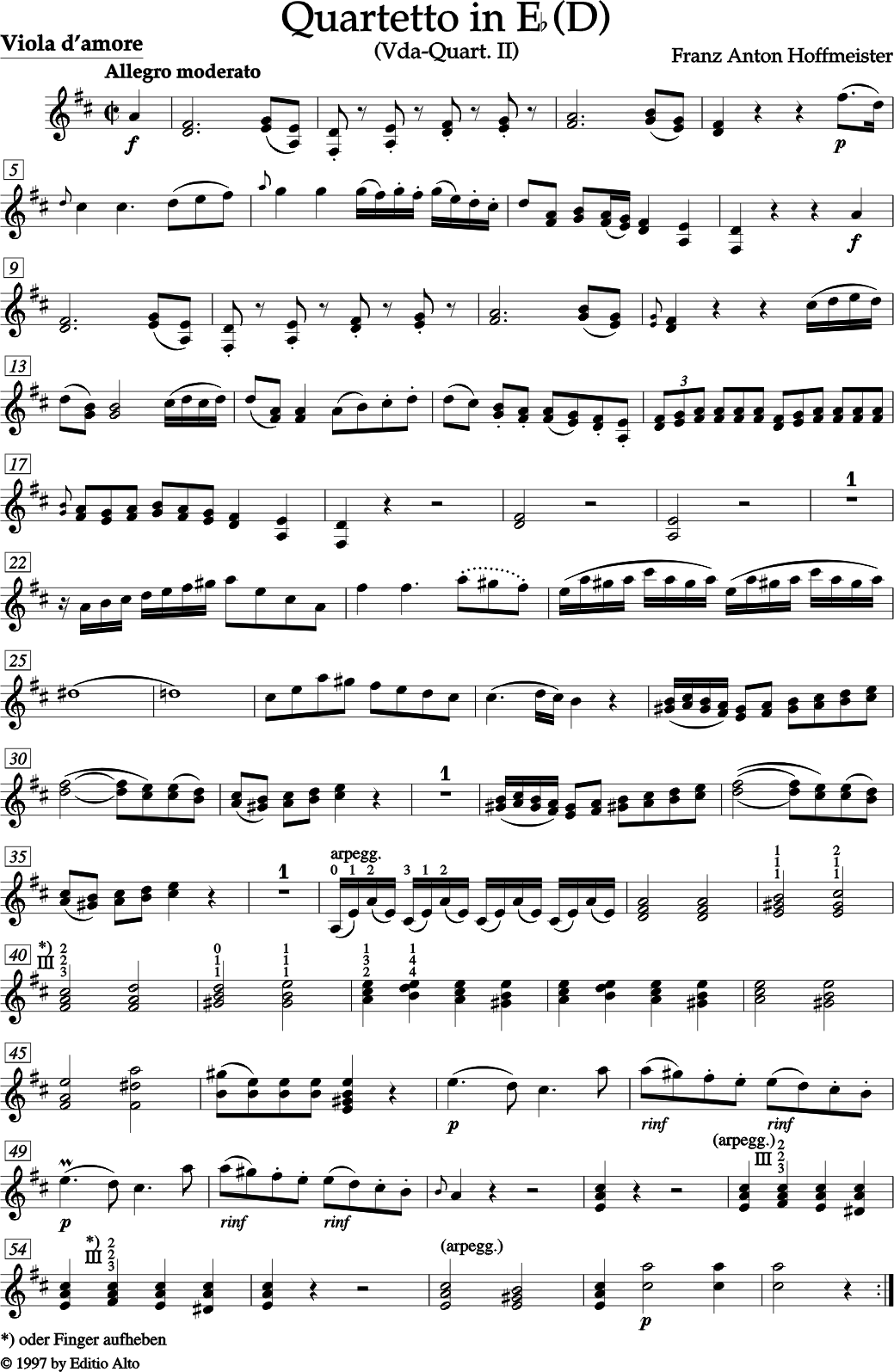FRANZ ANTON HOFFMEISTER QUARTETT II Es Dur (D) fr Viola d'amore, zwei Violinen, Violoncello und zwei Hrner ad libitum