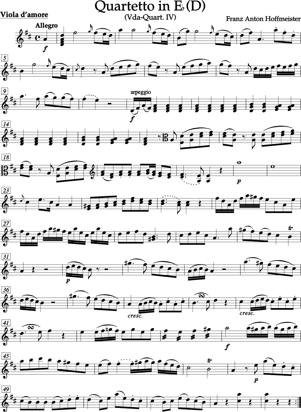 FRANZ ANTON HOFFMEISTER QUARTETT IV Es Dur (D) fr Viola d'amore, zwei Violinen, Violoncello und zwei Hörner ad libitum